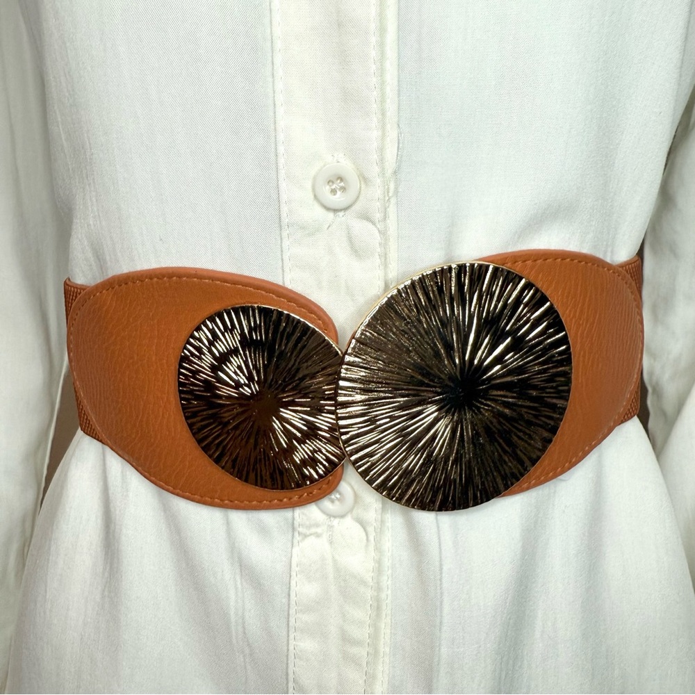 Camel PU leather elastic waistband belt with gold tone buckle